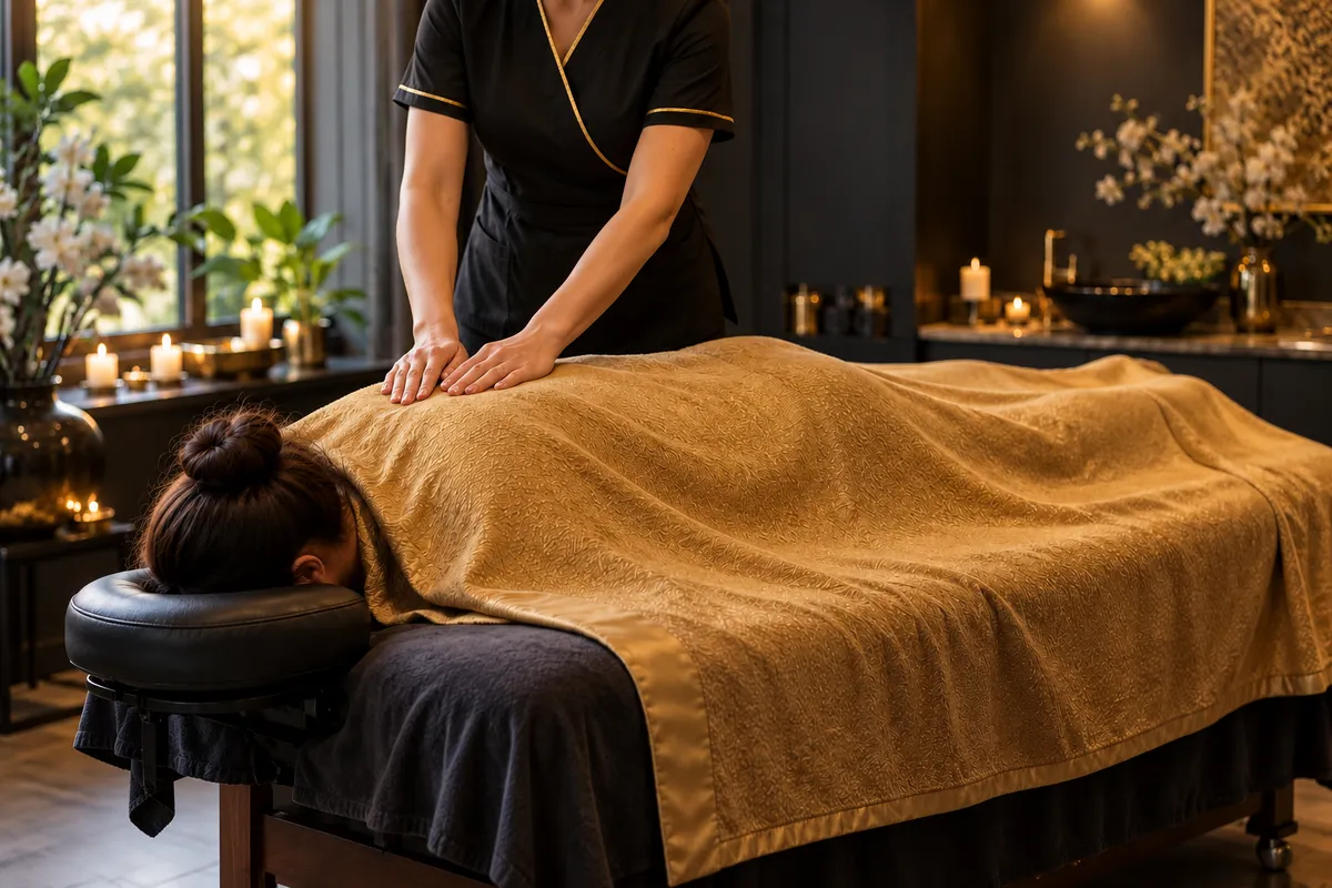 Client lying face down with her head supported in a face cradle while a therapist gently massages her covered back